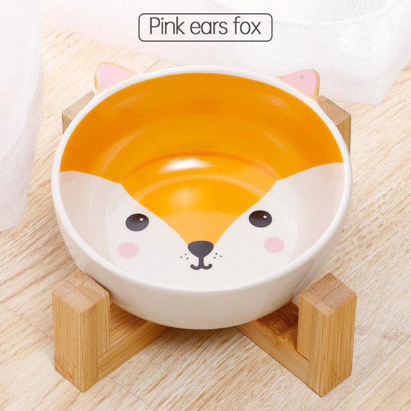 Cat Cartoon Ceramic Bowl with Bamboo Frame