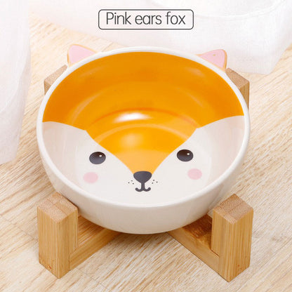 Cat Cartoon Ceramic Bowl with Bamboo Frame