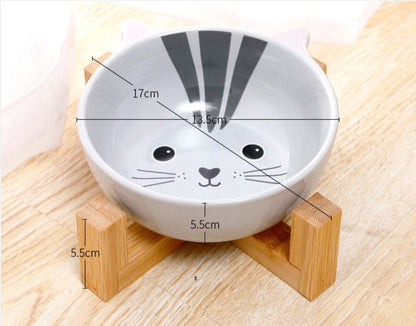 Cat Cartoon Ceramic Bowl with Bamboo Frame