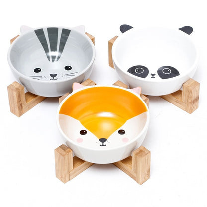 Cat Cartoon Ceramic Bowl with Bamboo Frame