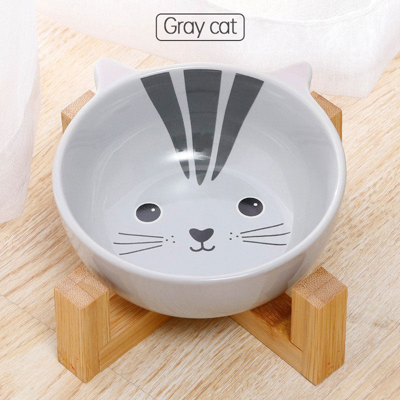 Cat Cartoon Ceramic Bowl with Bamboo Frame