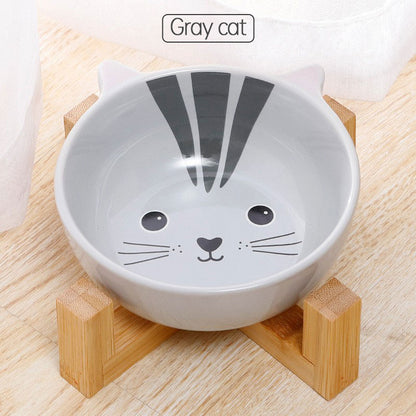 Cat Cartoon Ceramic Bowl with Bamboo Frame